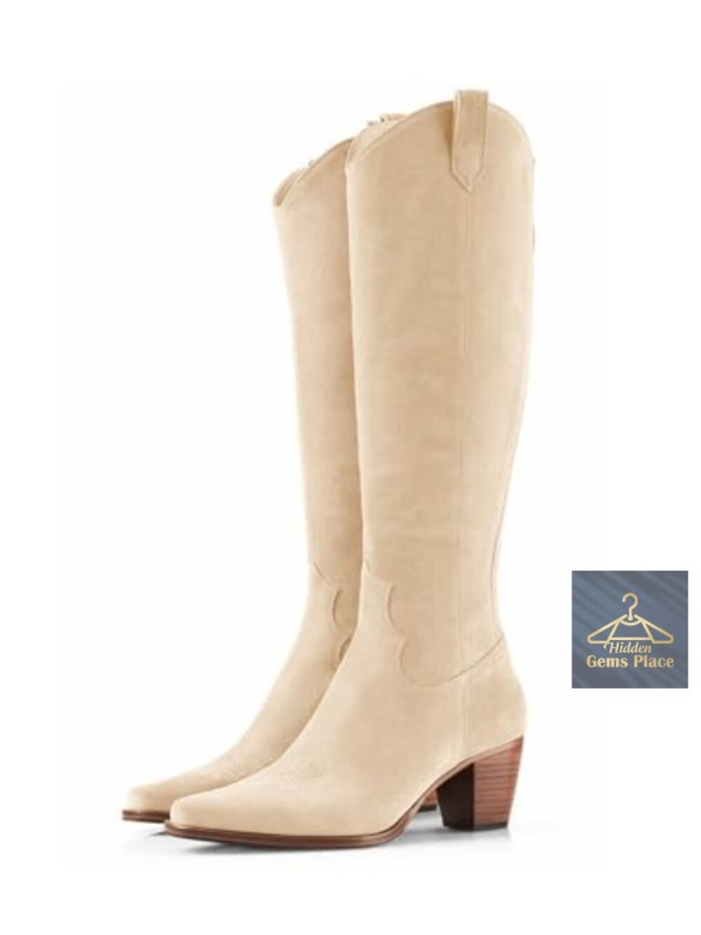 Faux Suede Cowboy Knee High Boots Chunky Block Heel Square Toe